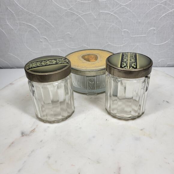 Vintage Glass Vanity Jar Set Cameo Lid & Art Deco Floral Inlay Metal Tops – 3 Pc - Picture 2 of 16
